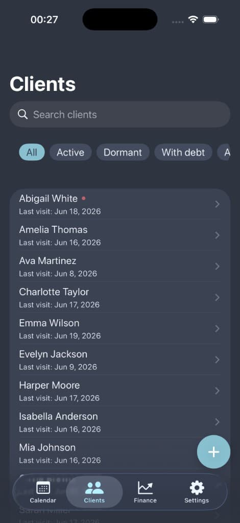 Pocket Client Book clients list with search and filters