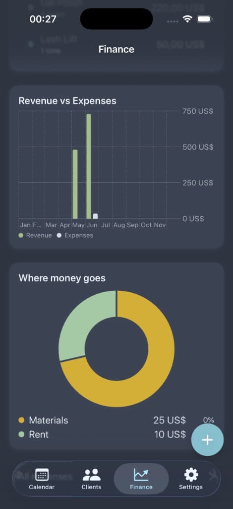 Pocket Client Book finance charts for revenue and expenses