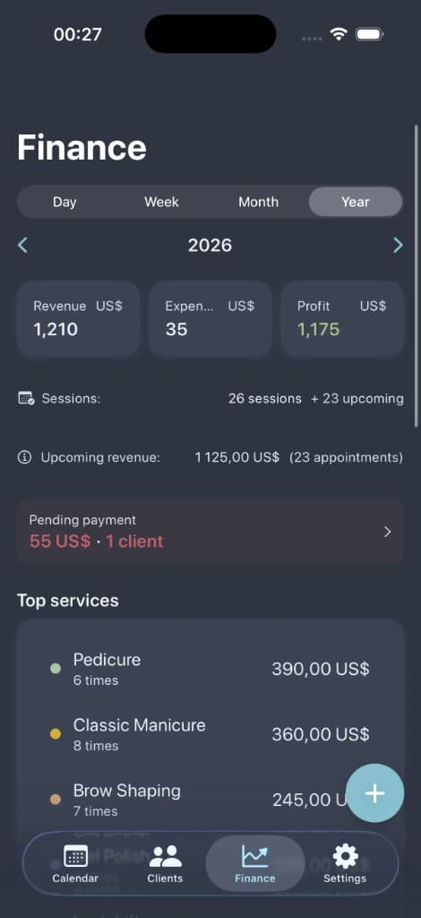 Pocket Client Book finance dashboard with revenue and expenses